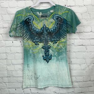 Sinful by Affliction Green Tattoo Art Graphic Short Sleeve Tee Shirt Size Large